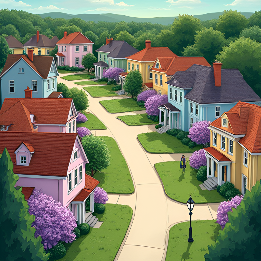 An aerial view illustration of Wisteria Lane, showing the picturesque suburban street with colorful houses, green lawns, and perhaps a hint of mystery or intrigue in the atmosphere, slightly whimsical yet detailed art style