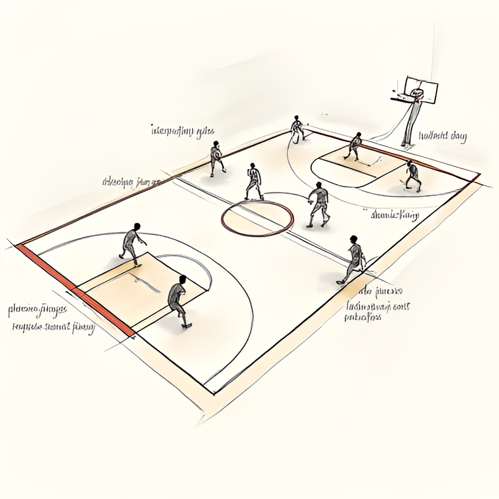 An illustration showcasing key tactical concepts of Paolo Galbiati's coaching style, possibly depicting players in motion, defensive schemes, or offensive plays on a basketball court diagram, with notes on intensity and fast pace.