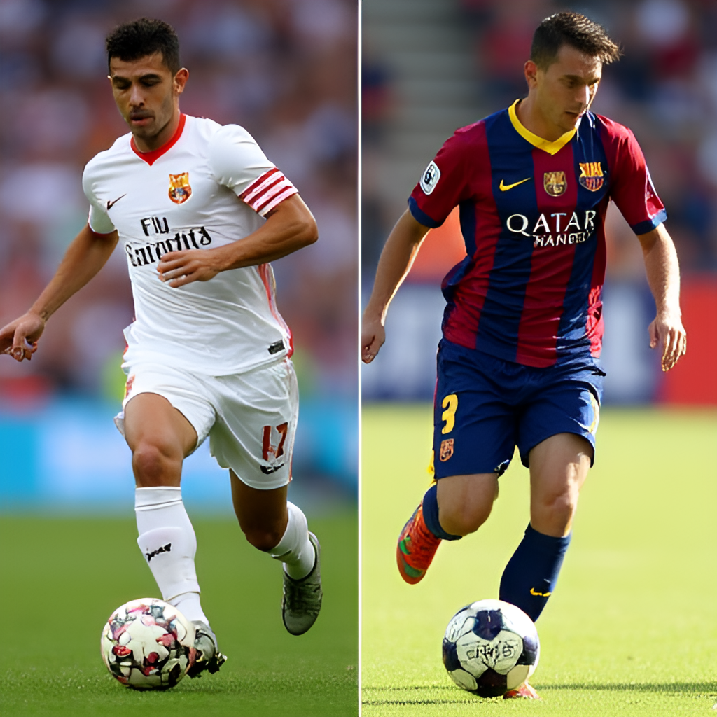 A split image or collage showing key players from both Real Valladolid and FC Barcelona (e.g., a Valladolid striker and a Barcelona midfielder) in action during past matches, highlighting their skills.