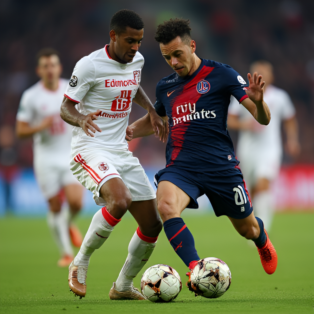 A close-up, action shot focusing on a key player from either PSG or Reims during a match. The player should be in motion, perhaps dribbling, tackling, or shooting. The background should be slightly blurred to keep the focus on the player, conveying skill or determination.