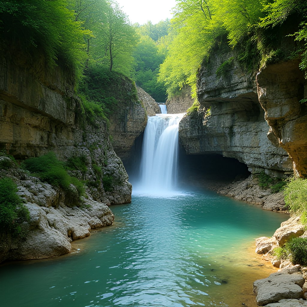 A stunning natural landscape photo of the Monasterio de Piedra Natural Park in Aragon, Spain, showing a beautiful waterfall cascading into a clear pool surrounded by lush green vegetation and rock formations.