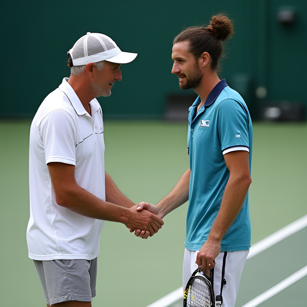 A dynamic photo of Simone Vagnozzi giving instructions or encouragement to Jannik Sinner during a changeover on a tennis court, capturing the interaction between coach and player.