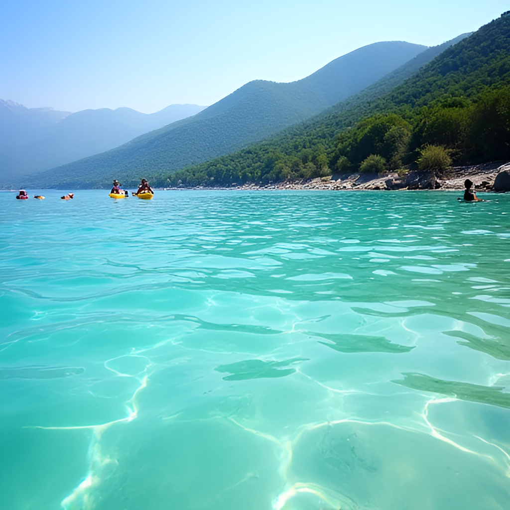 A close-up photo of the crystal-clear waters of Lake Albano, with people enjoying water activities like kayaking or paddleboarding near the shore, with lush green hills in the background.
