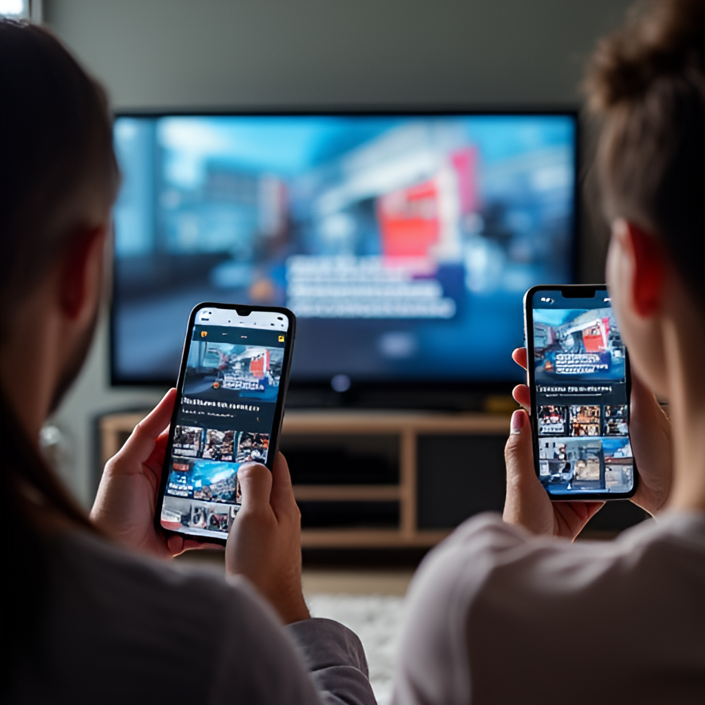 A multi-device view showing Rai 2 content being consumed: a person watching on a smart TV via RaiPlay, another on a tablet, and a third on a smartphone. The screen content should be clearly identifiable as Rai 2 programming, with a modern, connected lifestyle feel.